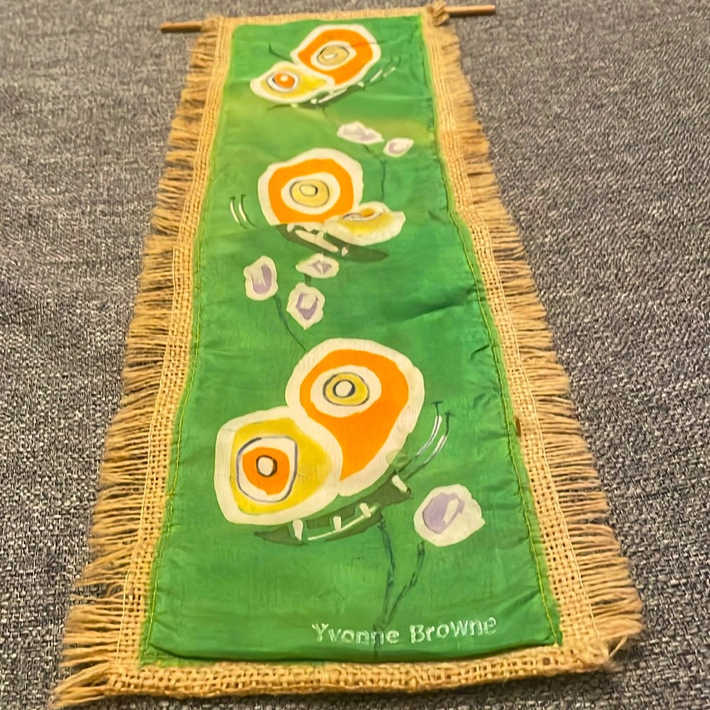 Batik Wall Hanging  17 ½ inches tall and 6 1/4 inch wide from fringe to fringe.